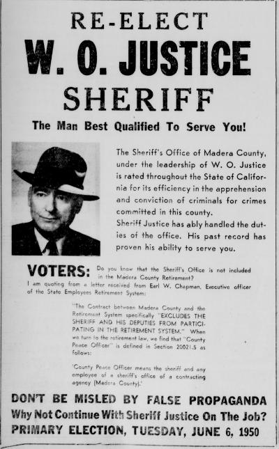 picture of Sheriff W.O. Justice’s 1950 campaign ad